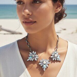 Bella and Jack | Crystal Floral Statement Necklace | Aqua & Iridescent | 21.5"